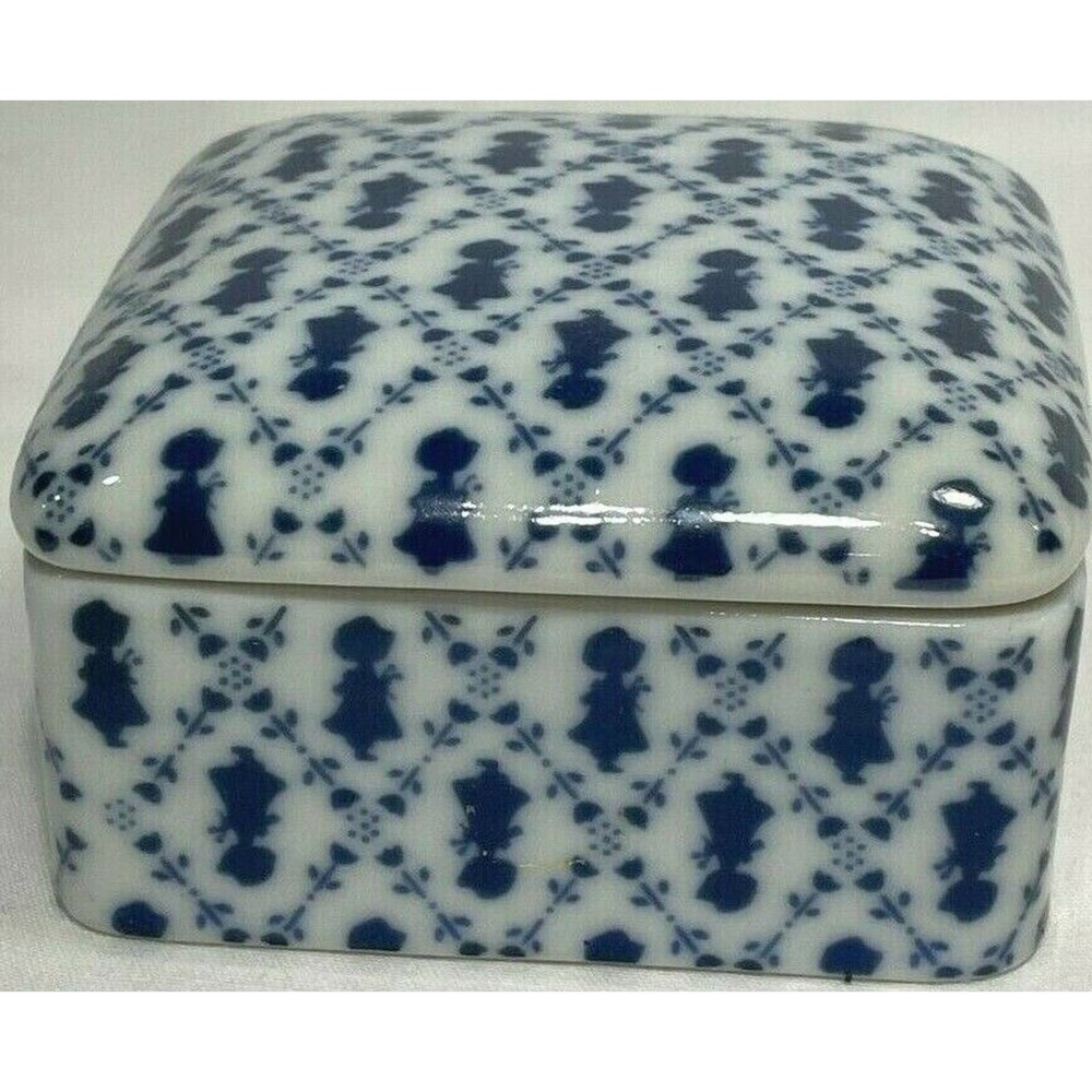 Vintage Holly Hobby Trinket Box With Lid Square Petite Pattern Blue White Japan